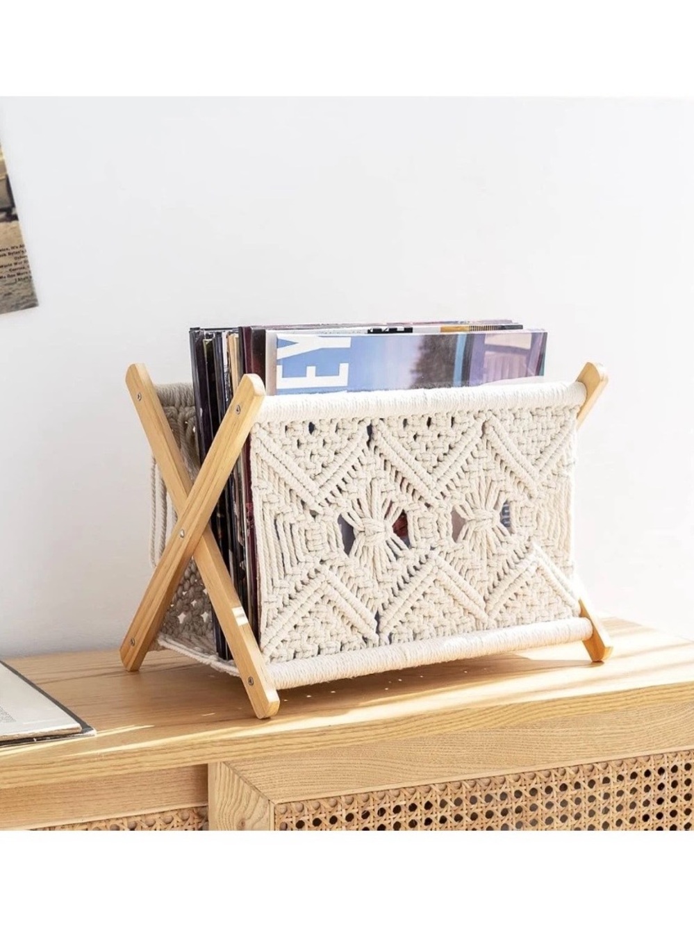Macrame Magazine Holder Rack Boho Storage Standing Rack Book Newspaper Decor